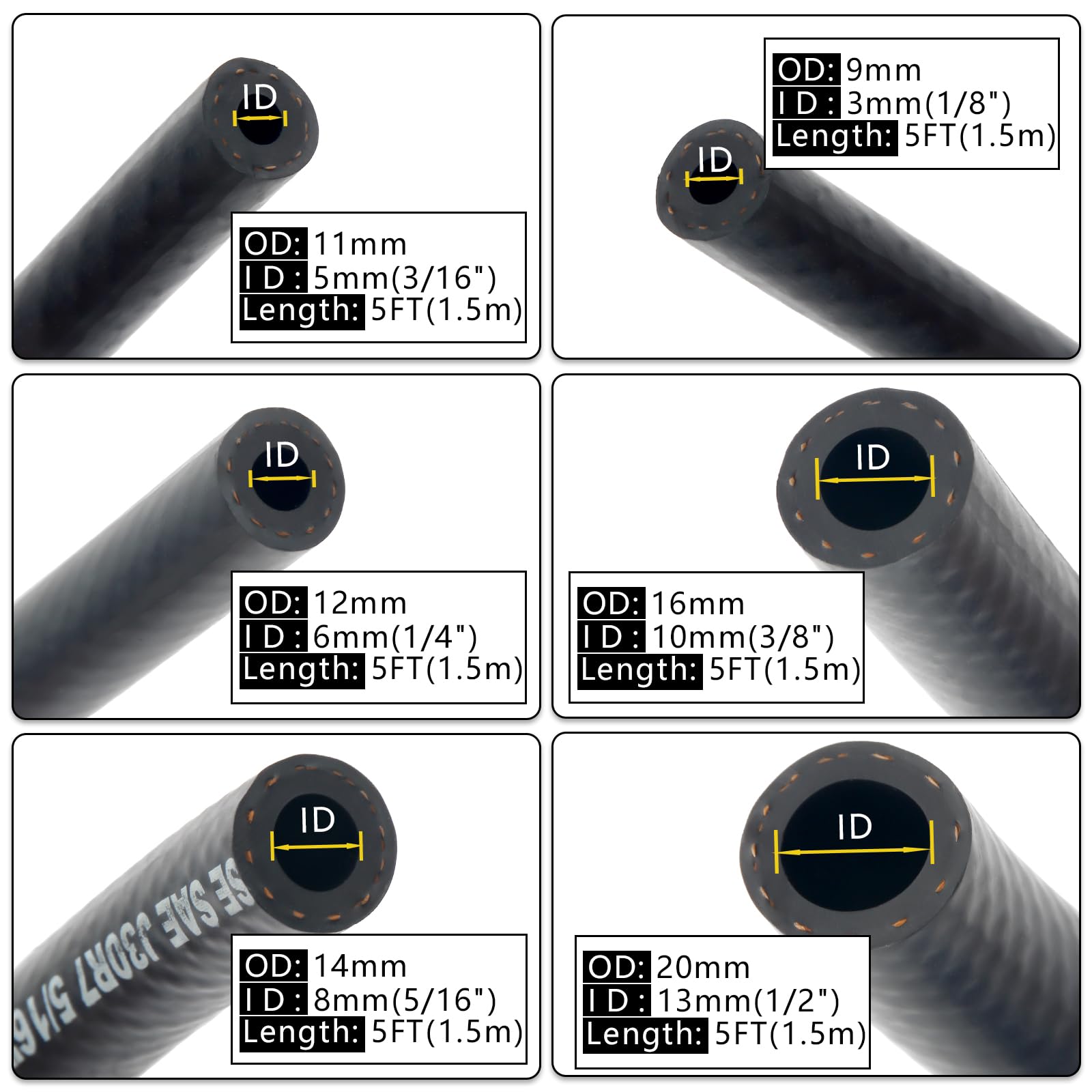 Shineyoo hoses laid out by diameter to show included sizes, helps you choose quickly