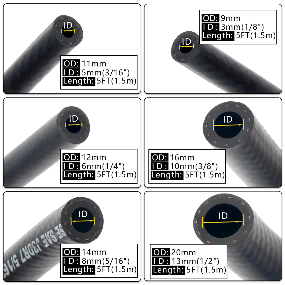 Shineyoo hoses laid out by diameter to show included sizes, helps you choose quickly
