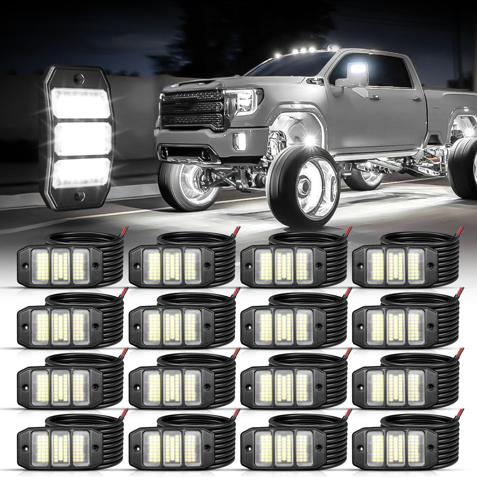 SHINIGHT front view of 16 pod rock lights showing full kit and brightness benefit