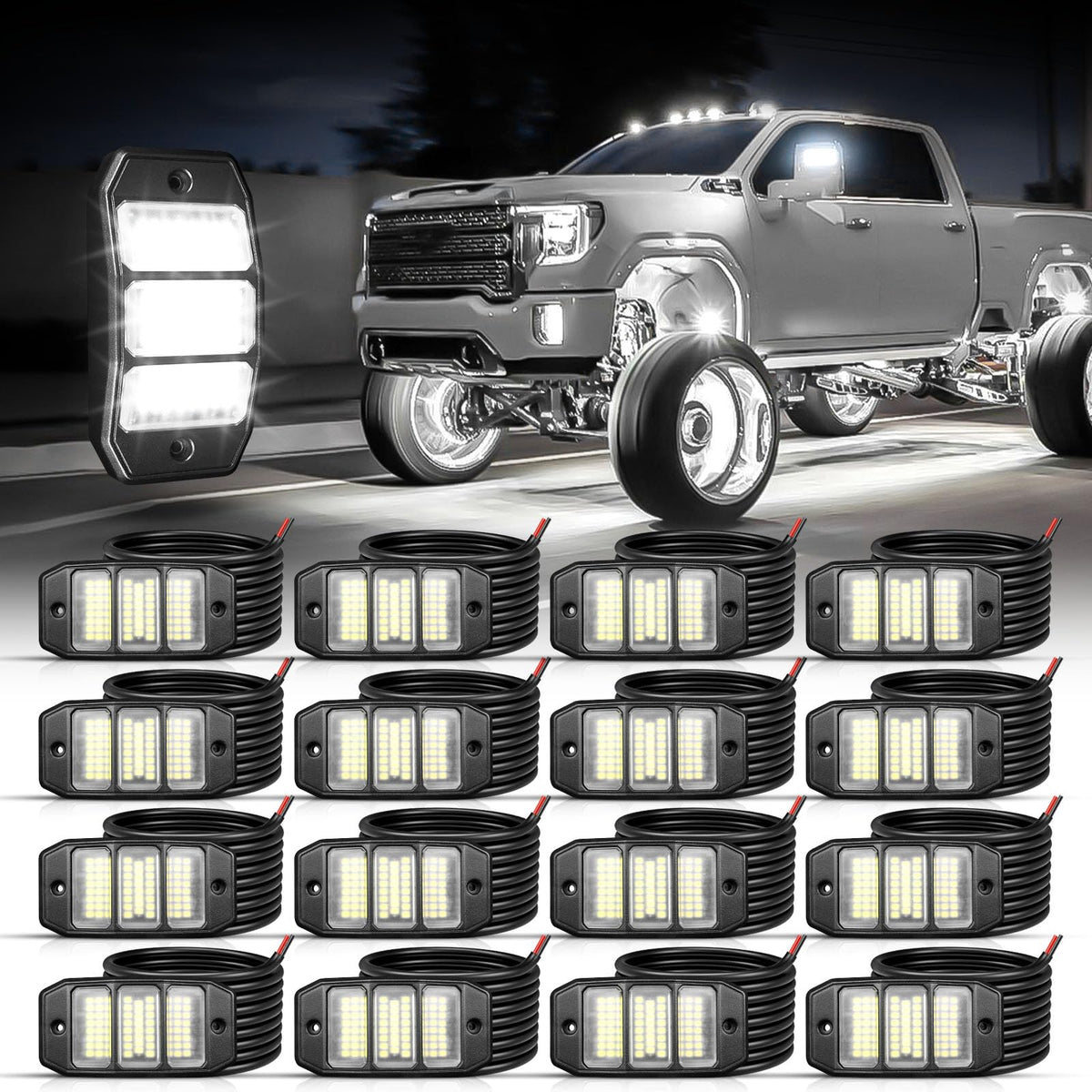 SHINIGHT front view of 16 pod rock lights showing full kit and brightness benefit