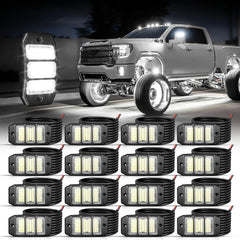 SHINIGHT front view of 16 pod rock lights showing full kit and brightness benefit