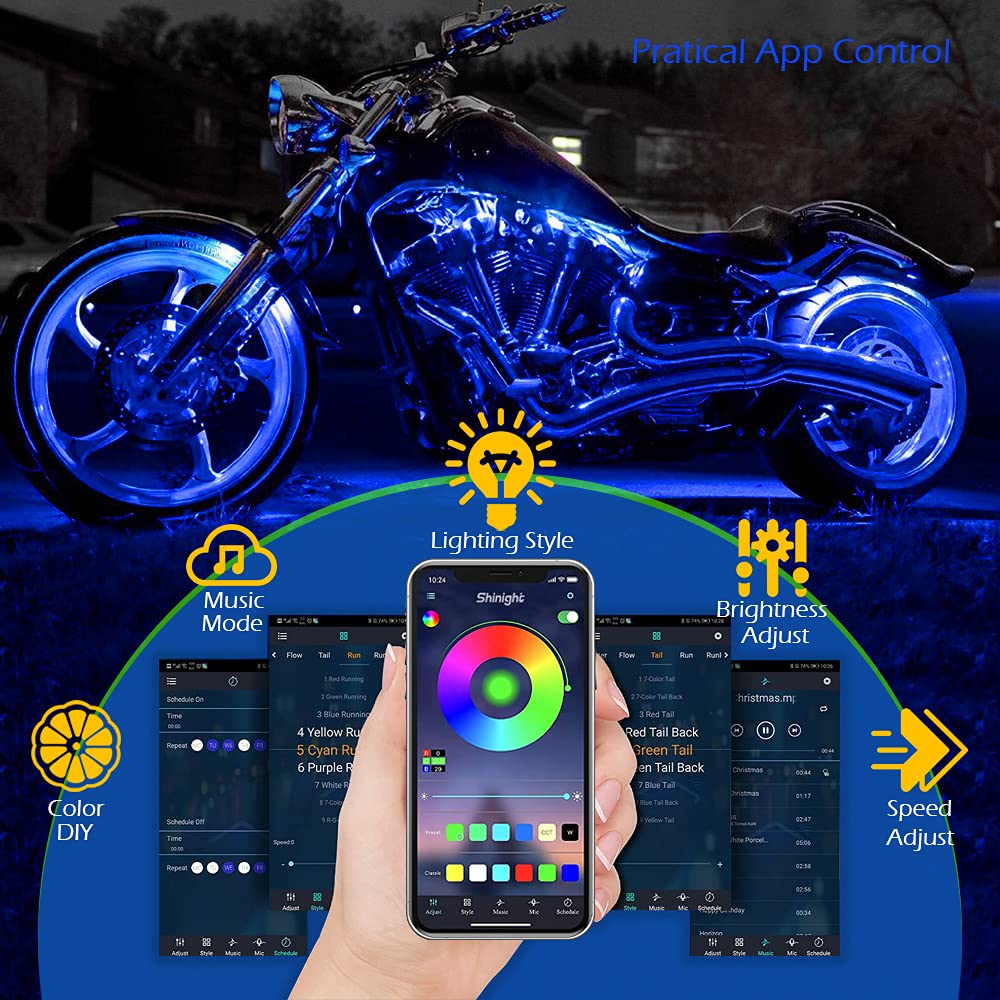 SHINIGHT motorcycle underglow installed along frame highlighting improved visibility