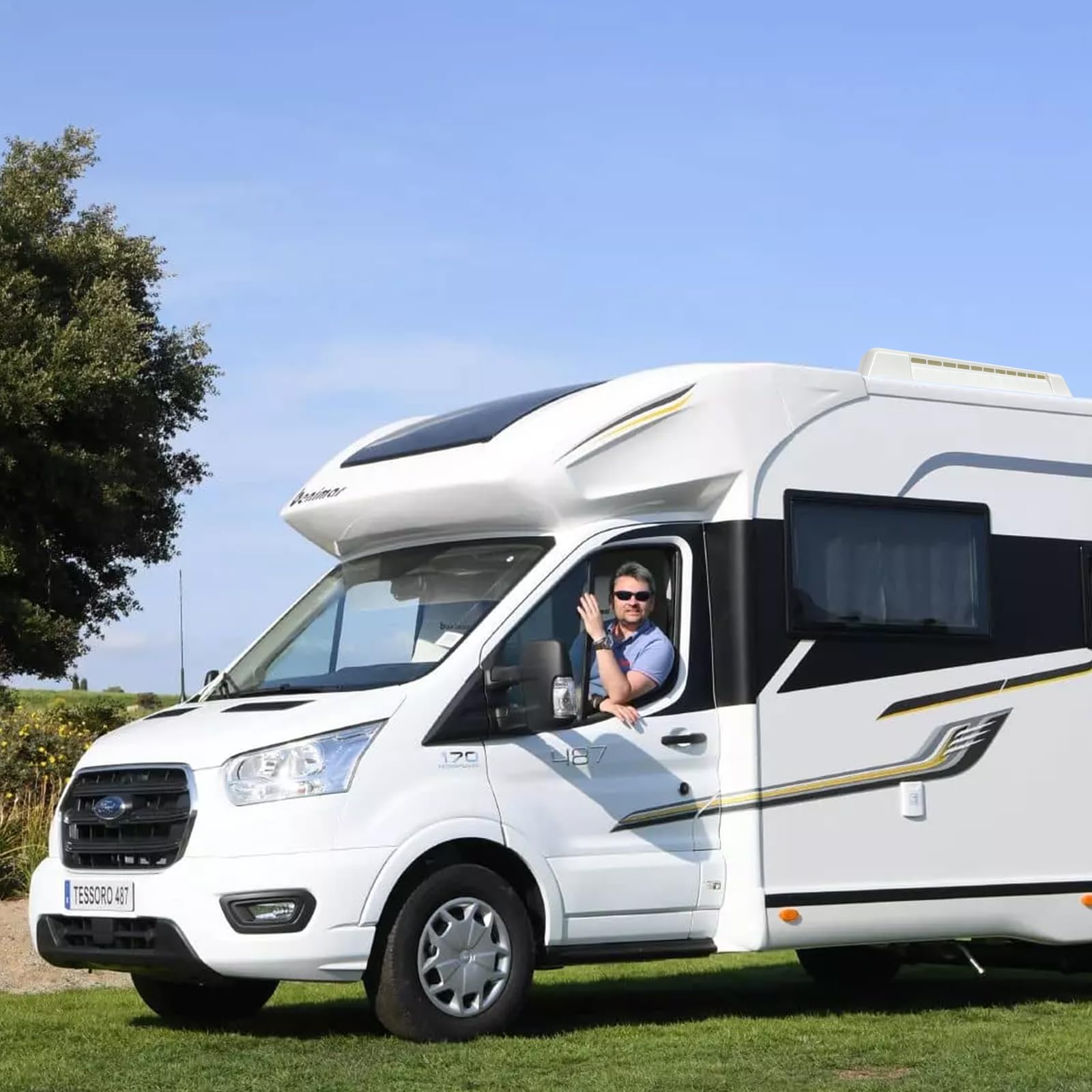showingo vent cover on camper in park showing restored exterior look benefit