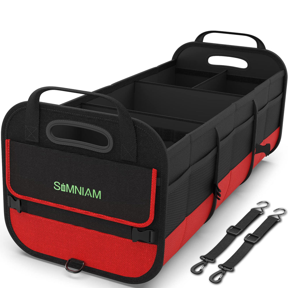 Simniam front packaging view showing red trunk organizer and large capacity benefit