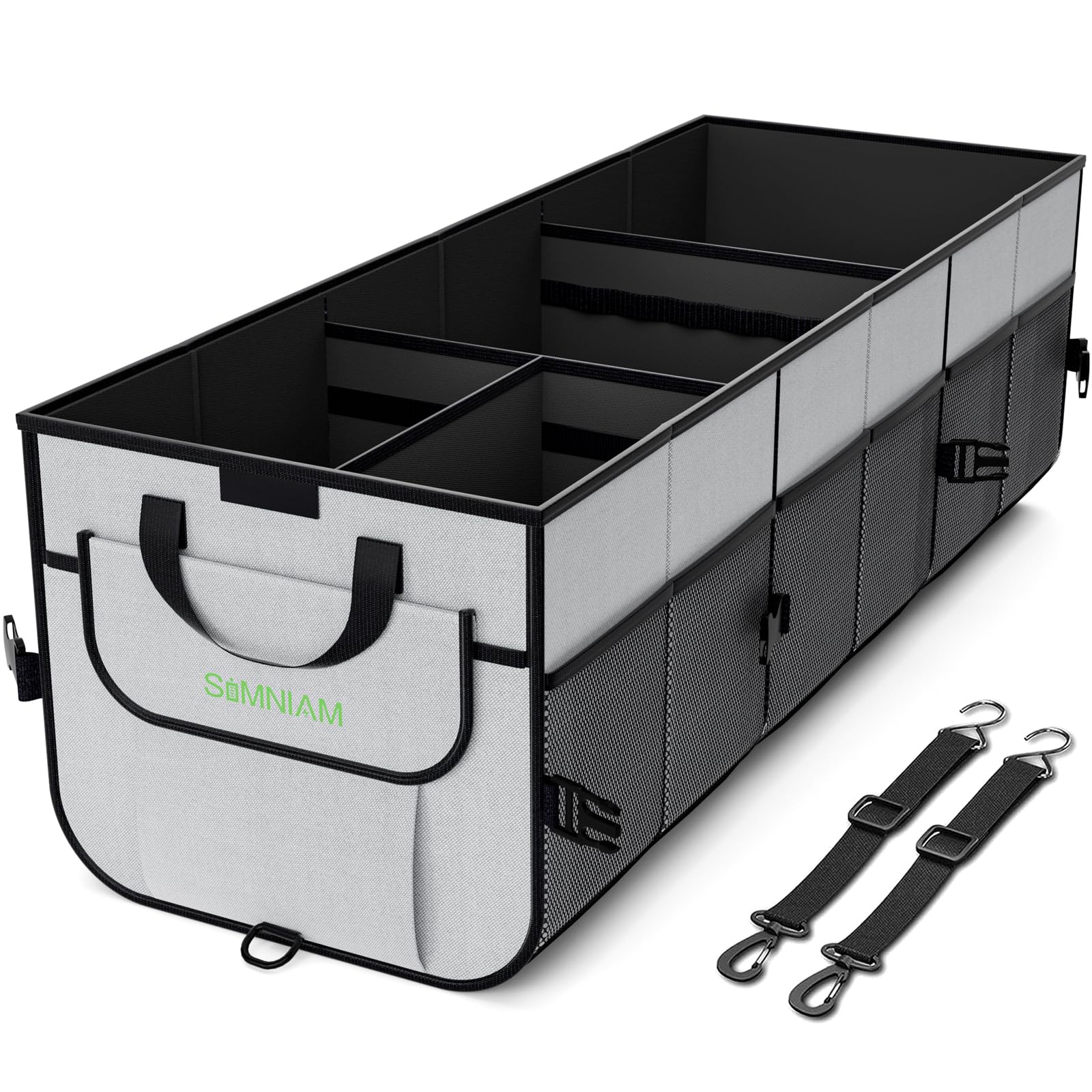 Simniam front view of trunk organizer showing compartments and capacity benefit