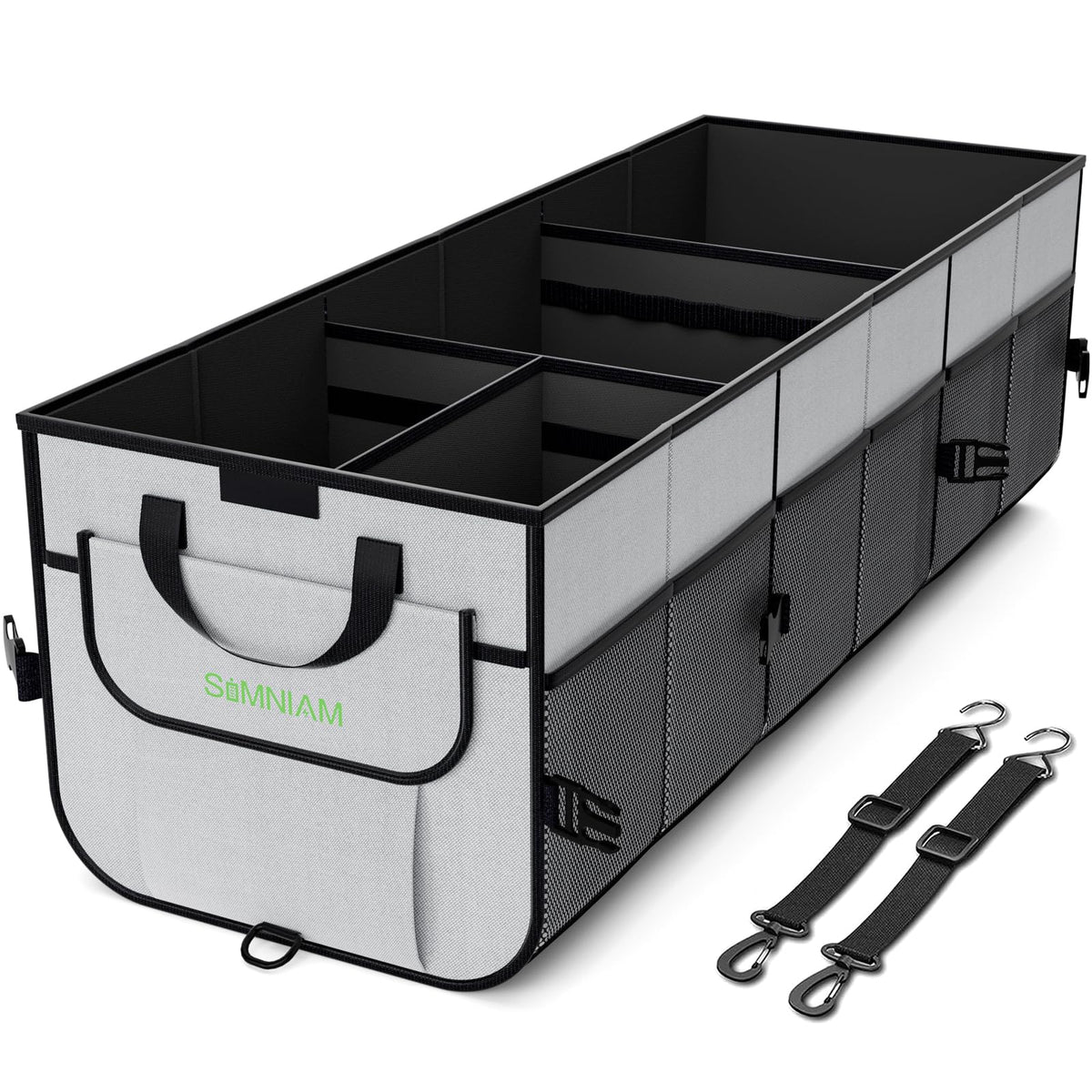 Simniam front view of trunk organizer showing compartments and capacity benefit