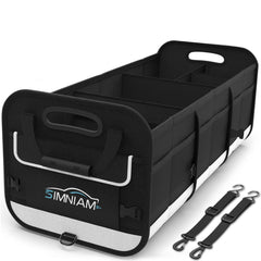 Simniam front view of large trunk organizer showing five compartments and tidy storage benefit