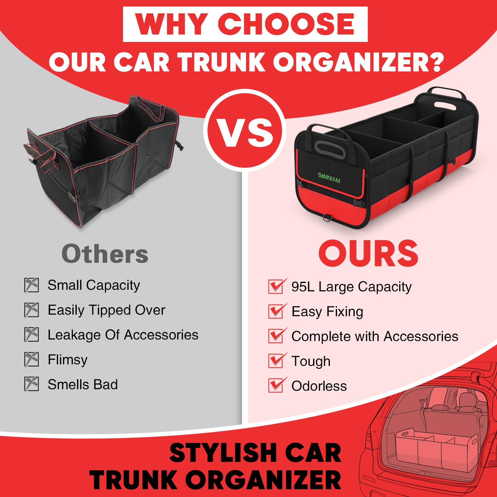 Simniam hooks and elastic straps attachment securing organizer to trunk preventing sliding