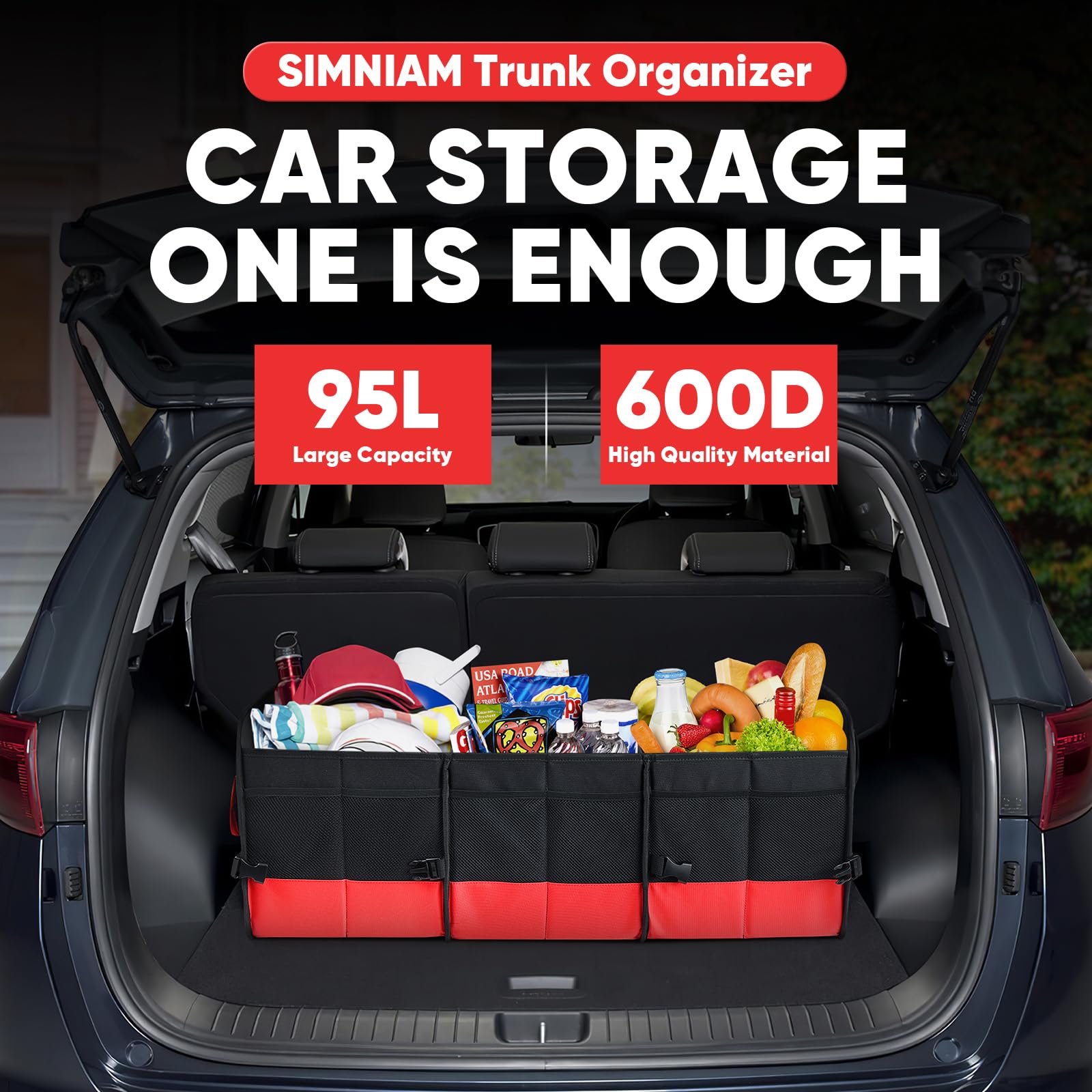 Simniam top view open four compartments organizing groceries and gear efficiently