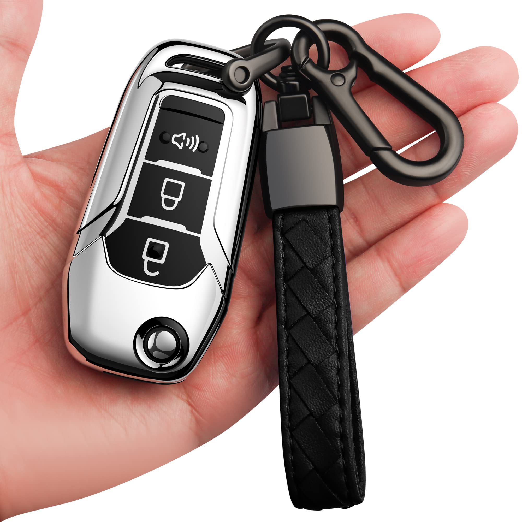 Sindeda front view of silver key fob cover showing design and protective fit