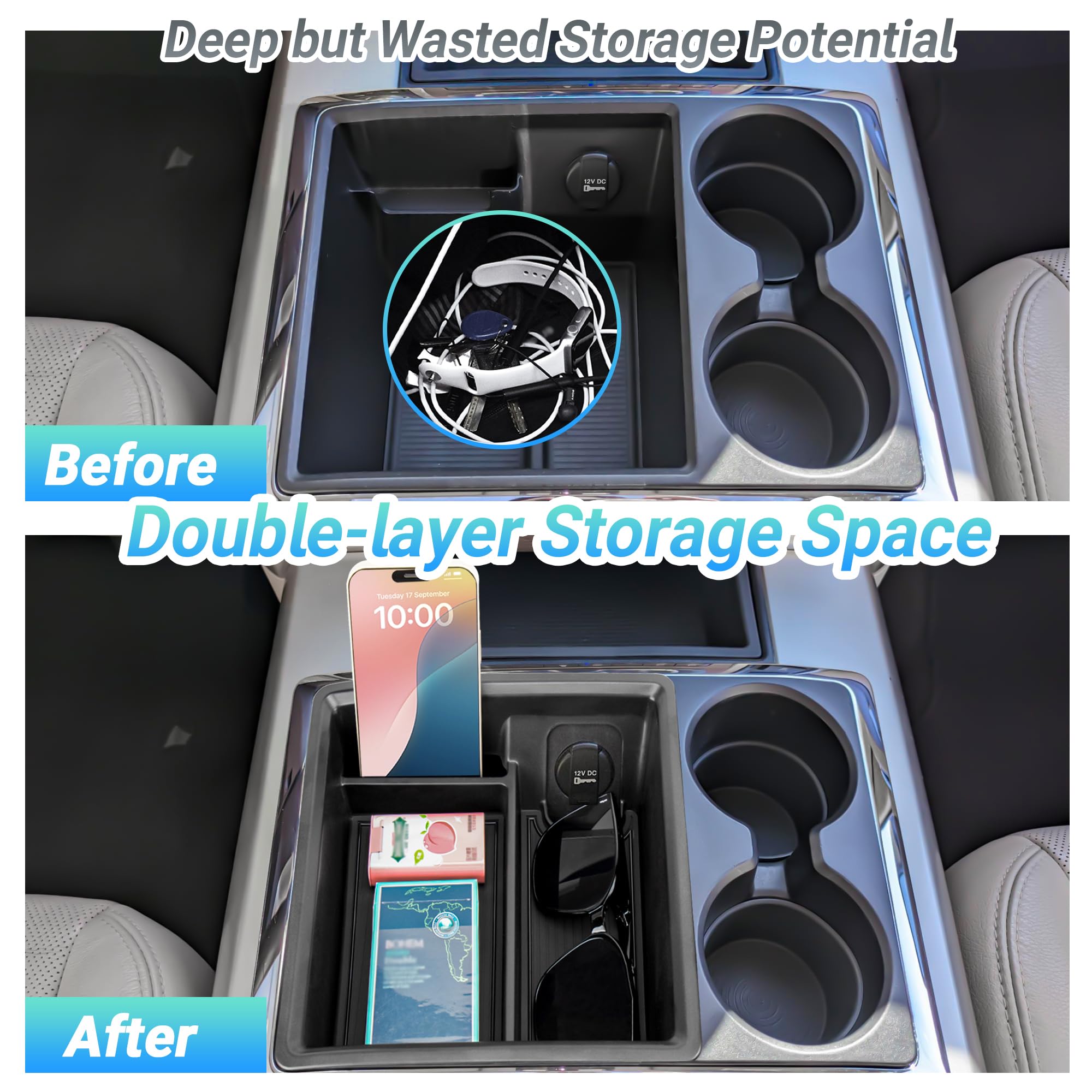 Sinminou installed in Dodge Ram console showing improved organization benefit