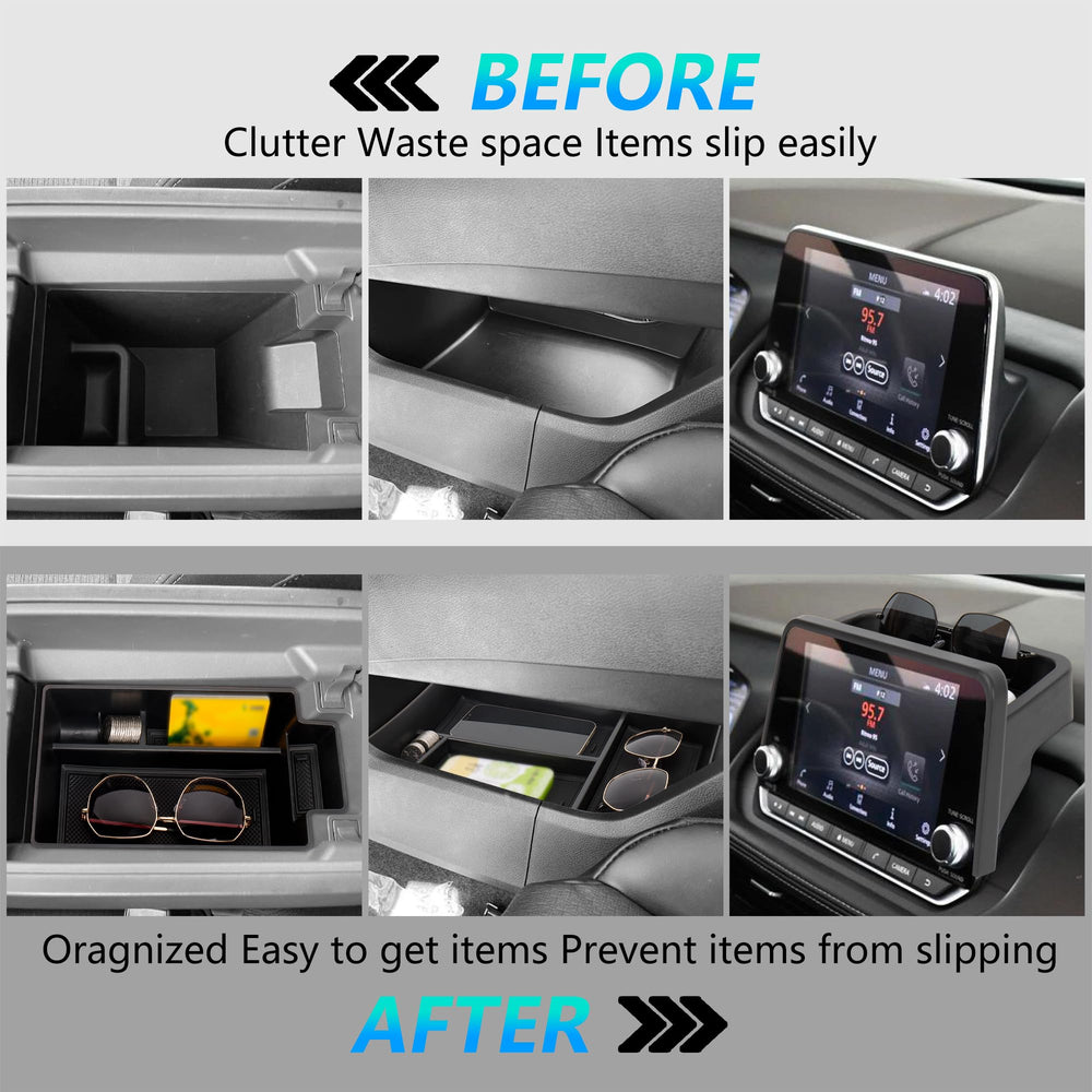Sinminou dashboard tray behind 8-inch screen showing secure fit and phone storage