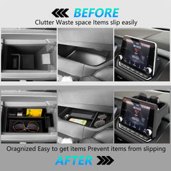 Sinminou dashboard tray behind 8-inch screen showing secure fit and phone storage