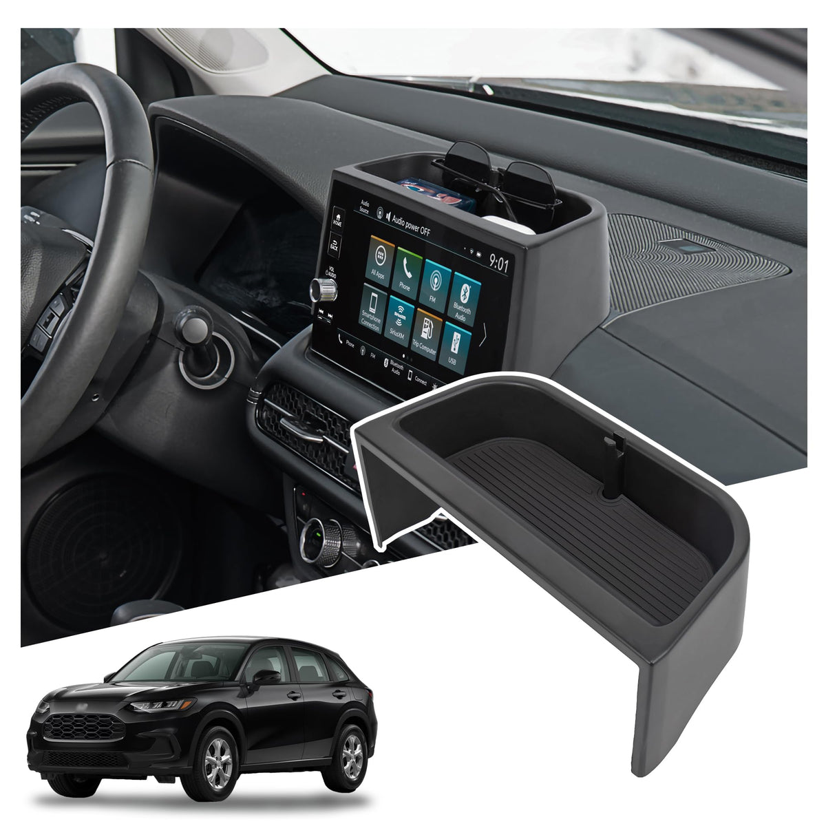 Sinminou front view of dashboard tray showing fit and convenience