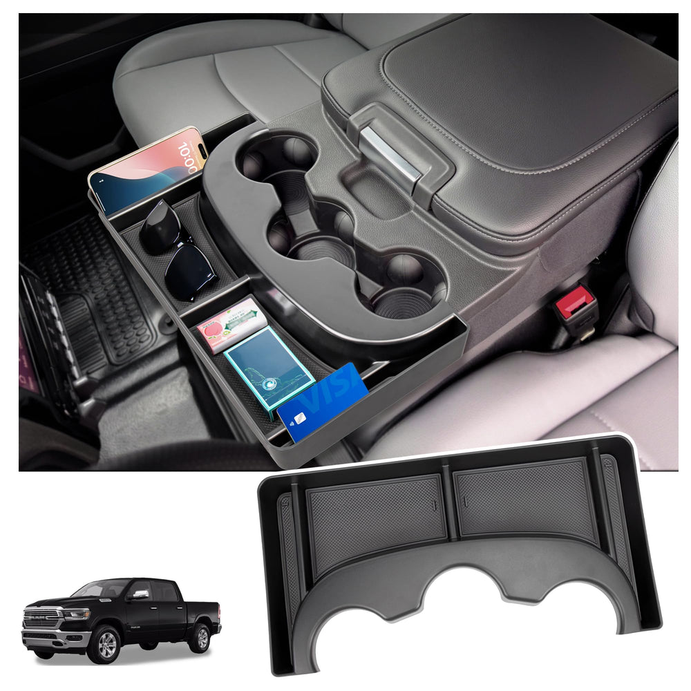 Sinminou front view of center console organizer showing cup wells and compartments, adds organized storage