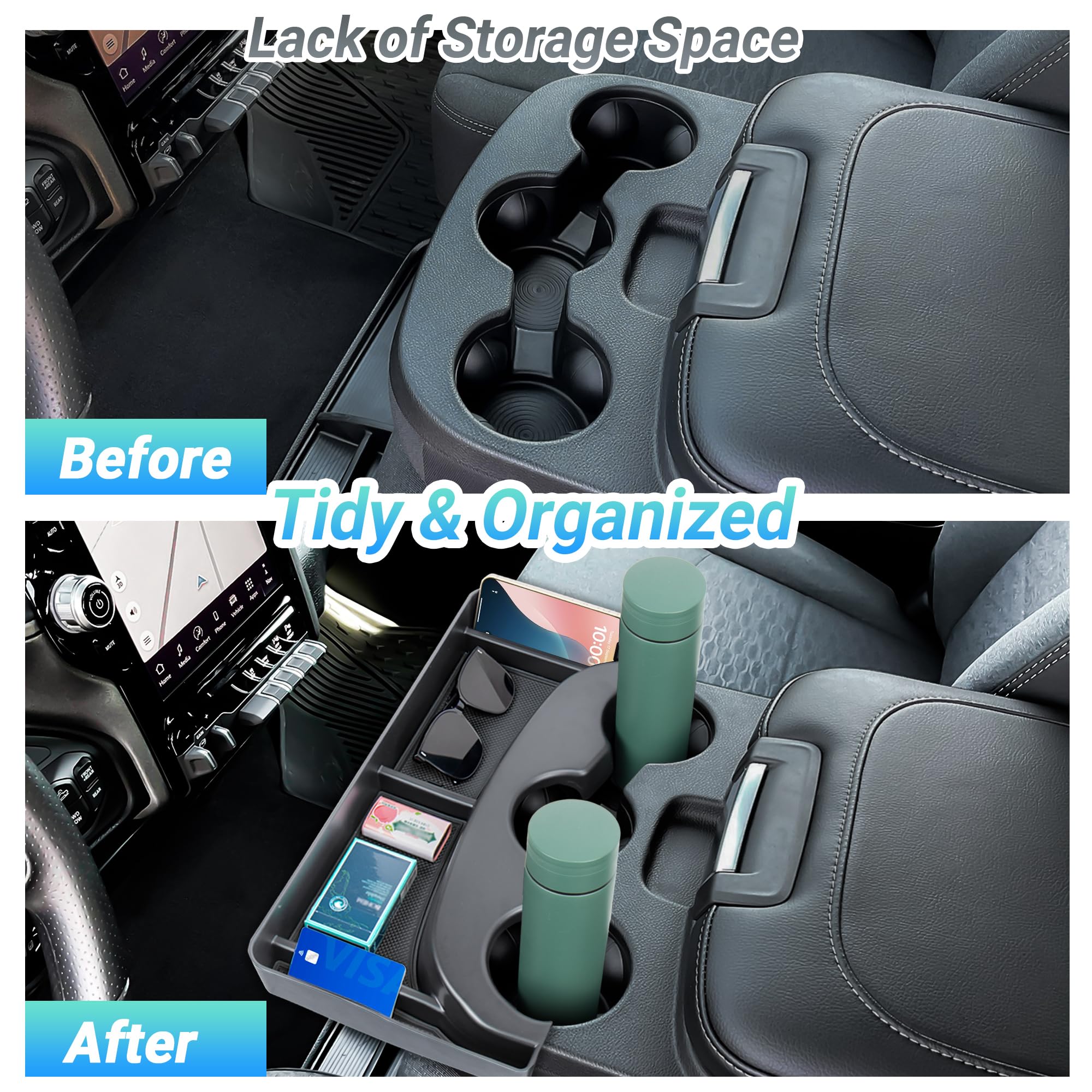 Sinminou installed in Dodge RAM console demonstrating tidy storage and easy removal benefit