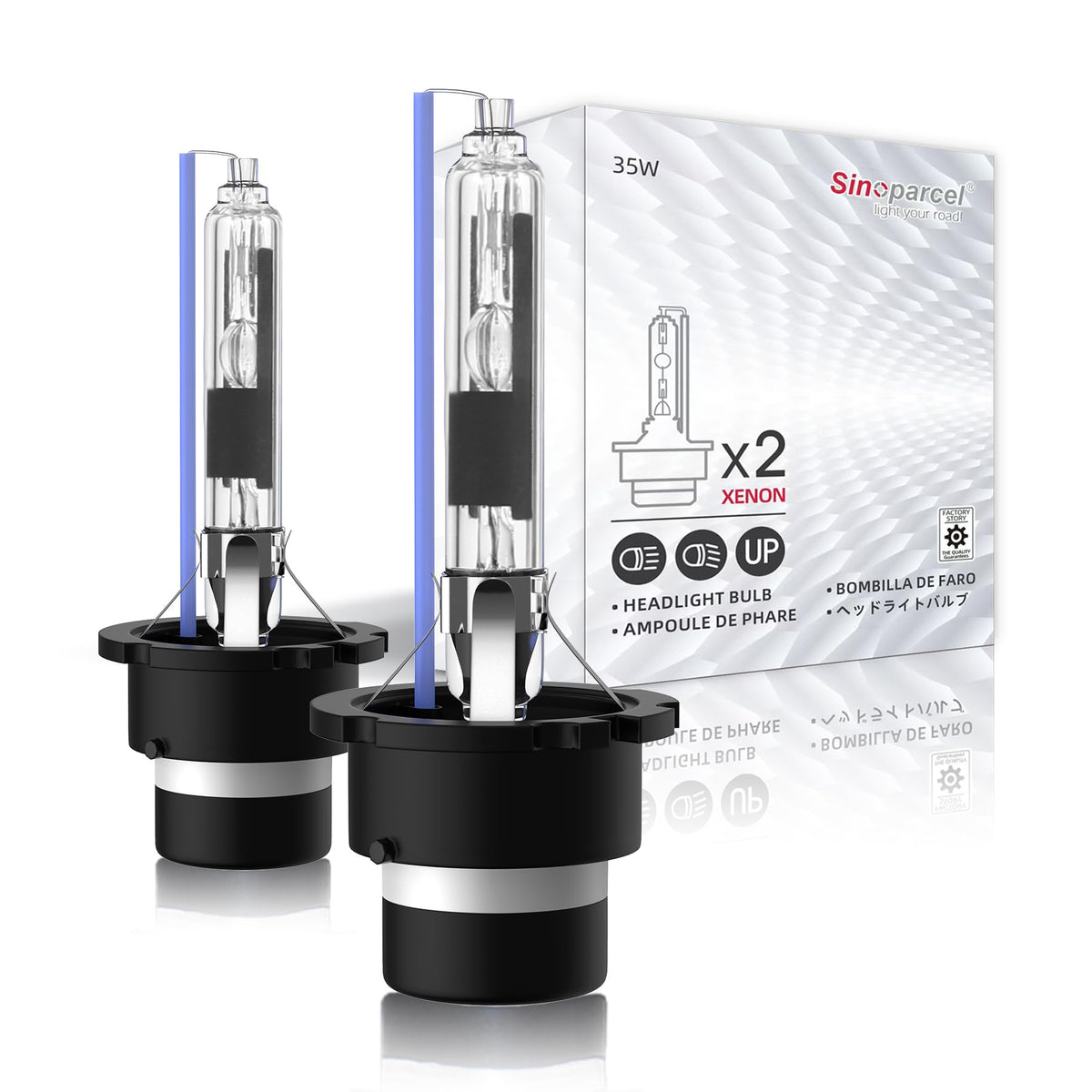 Sinoparcel D2R front packaging showing two bulbs and clear fitment details for quick identification