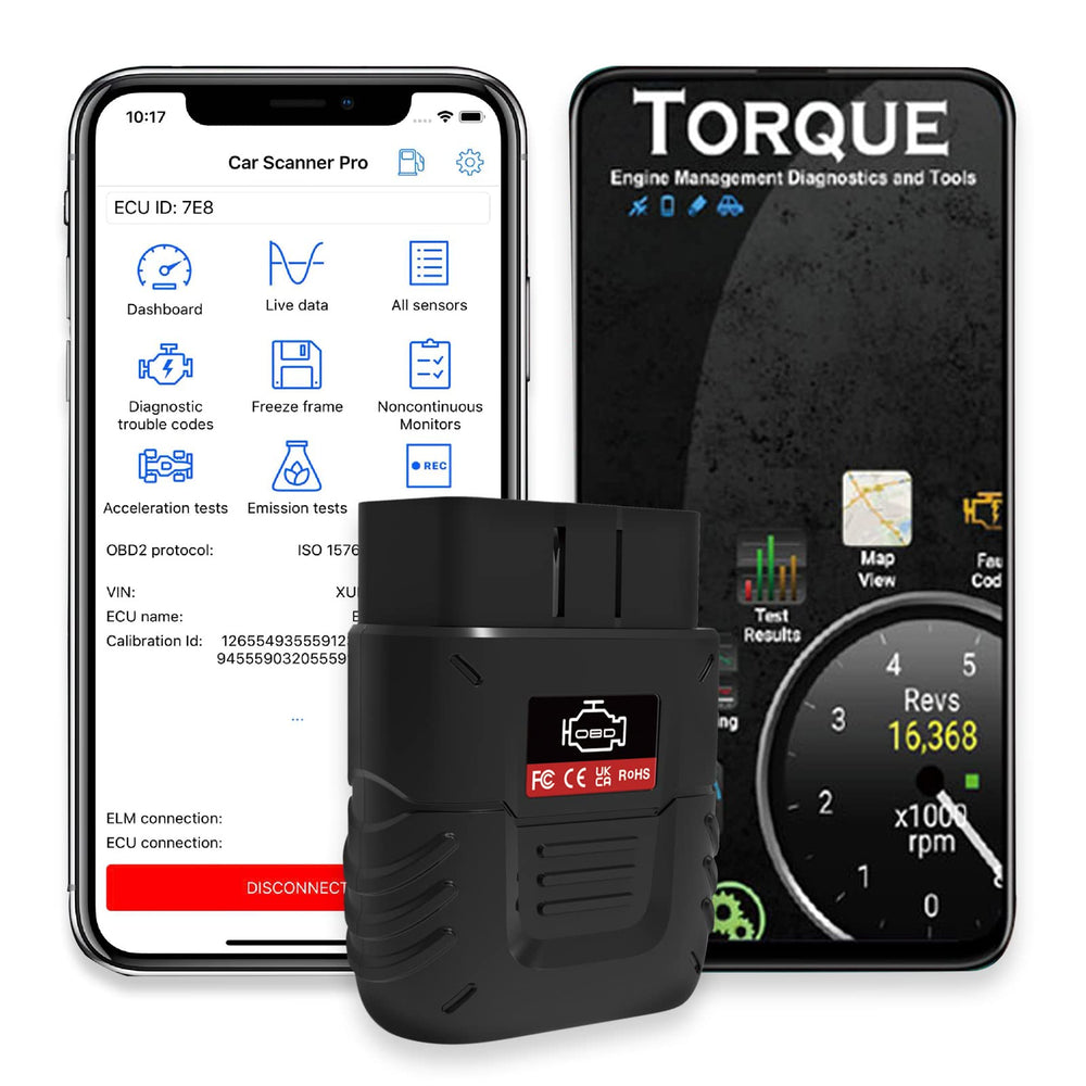 SinoTrack V019 front view showing compact Bluetooth OBD2 dongle and easy plug-in benefit