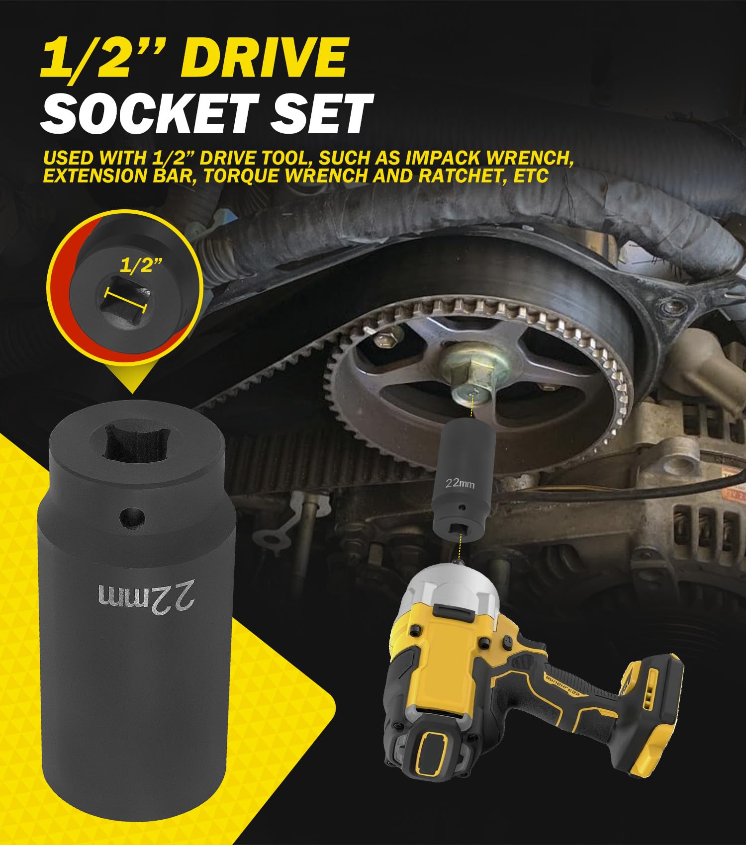 sixcow 22mm drive engagement detail with 1/2" tool for stable torque transfer
