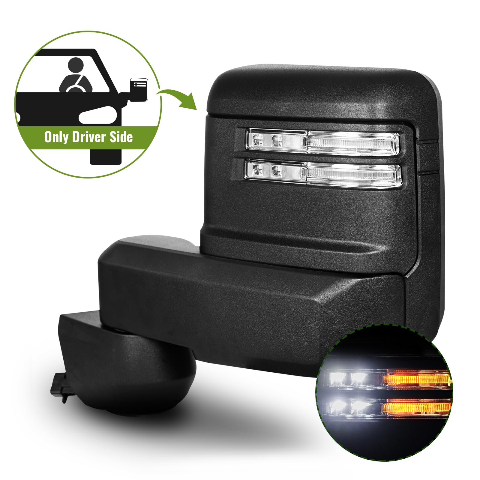 Siziom mirror with integrated turn signal and running lights for safety