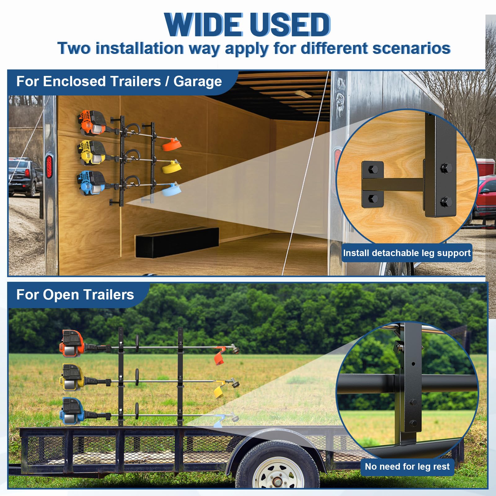 SJPULMO rack mounted in garage storing rakes, shovels and trimmers for space savings