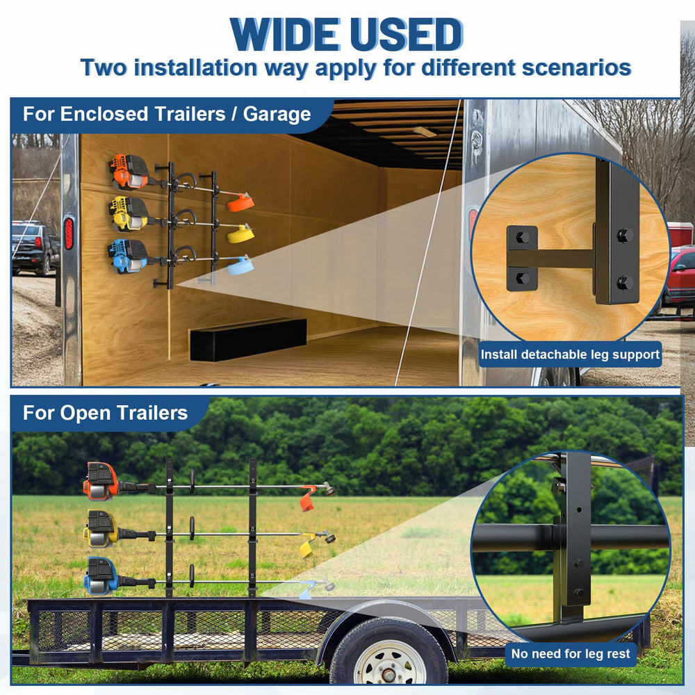 SJPULMO rack mounted in garage storing rakes, shovels and trimmers for space savings