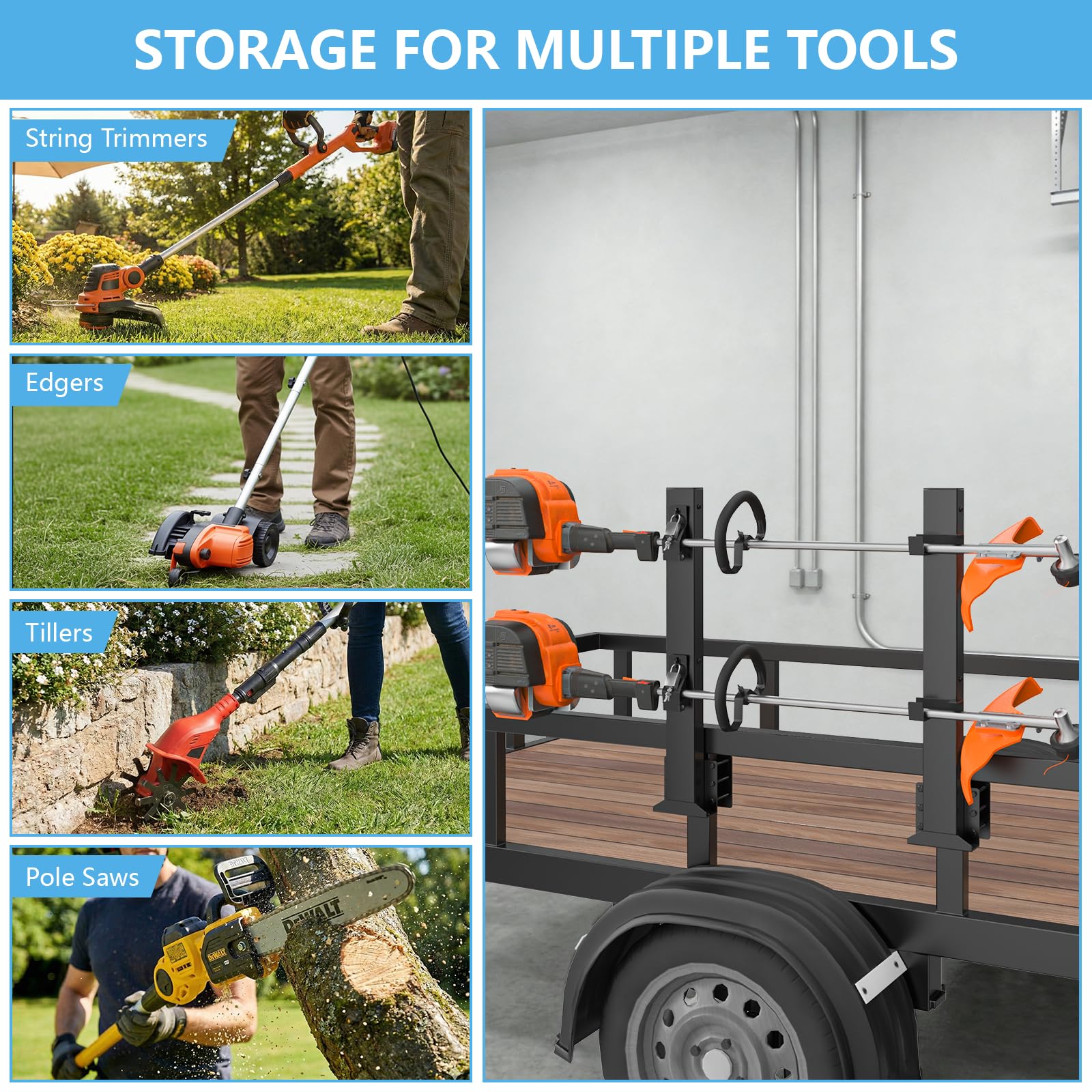 SJPULMO rack mounted on an open trailer with tools, saving loading time