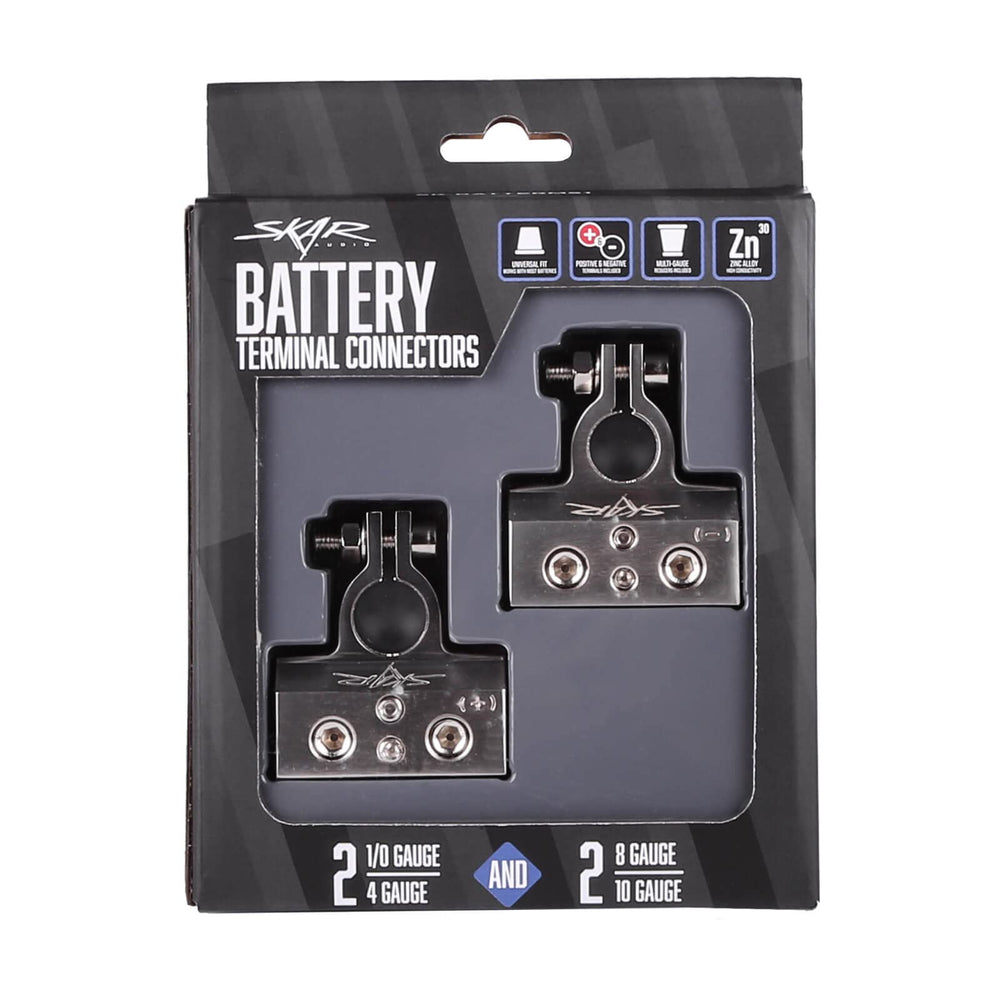 Skar Audio terminals installed in a car audio setup improving power distribution