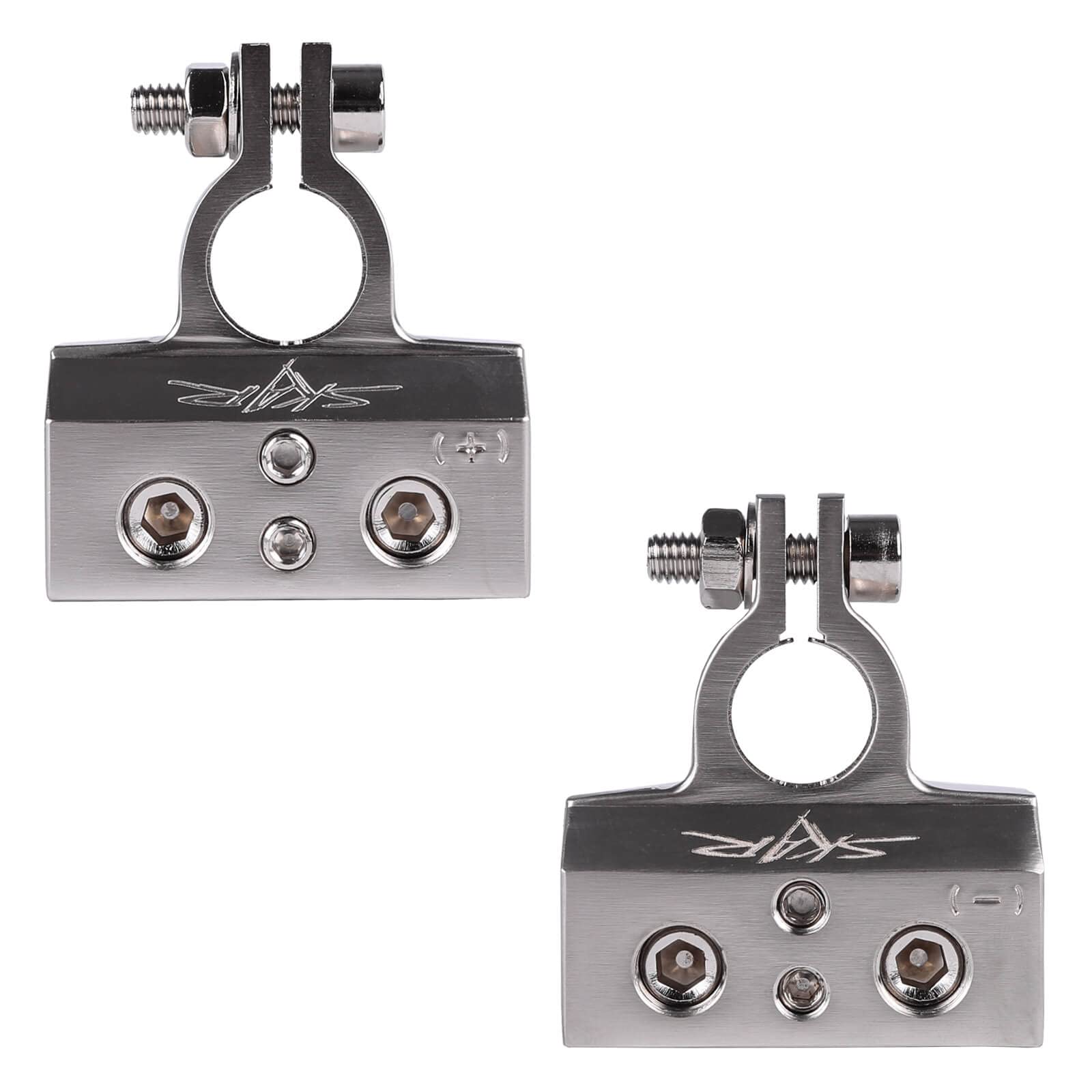 Skar Audio close-up of machined zinc-alloy terminal surface for improved conductivity