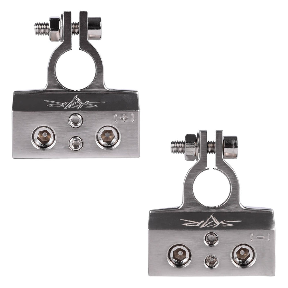 Skar Audio close-up of machined zinc-alloy terminal surface for improved conductivity