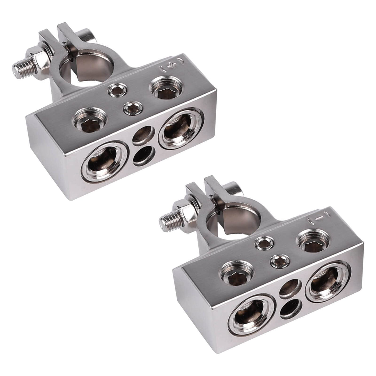 Skar Audio top-post front view showing positive and negative terminals for secure connections