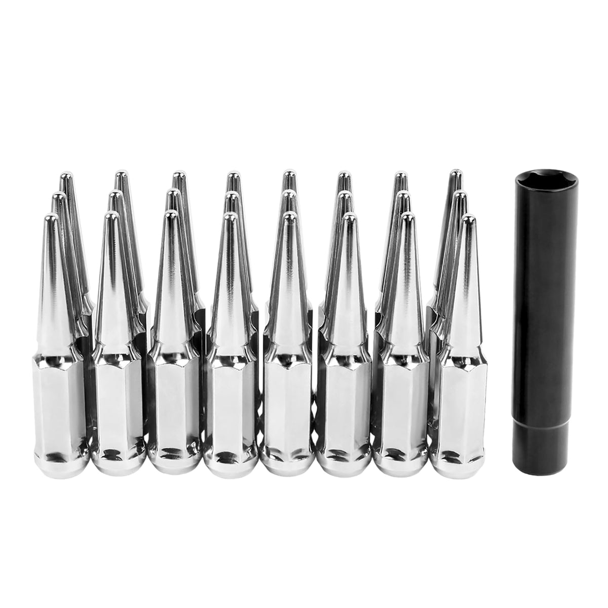 SKCOAUTO front packaging showing 24 spike lug nuts and socket key, clear kit benefit