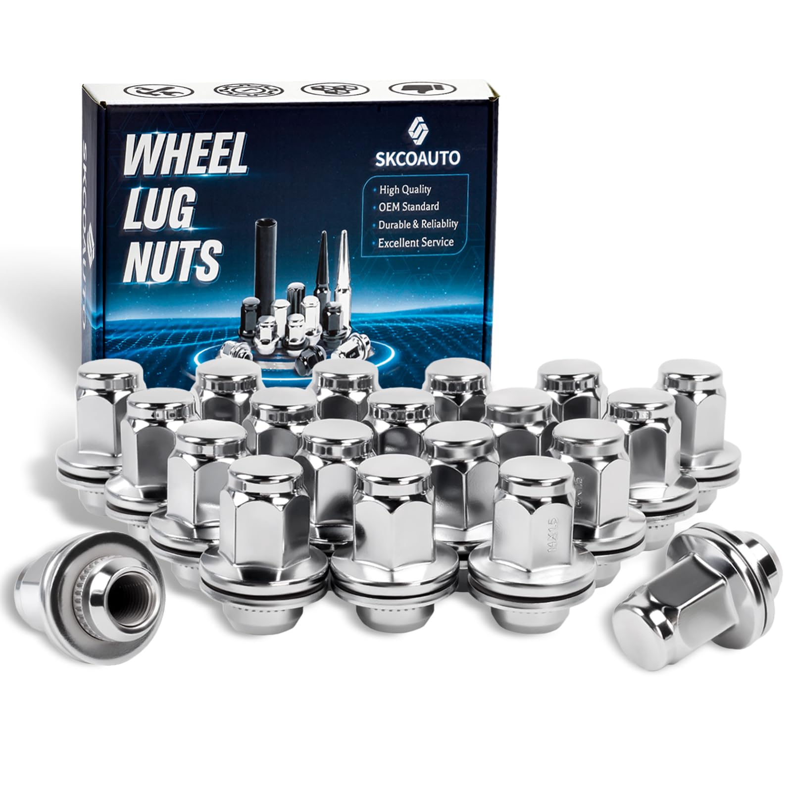 SKCOAUTO front-packed 20 lug nuts showing chrome finish and complete set benefit