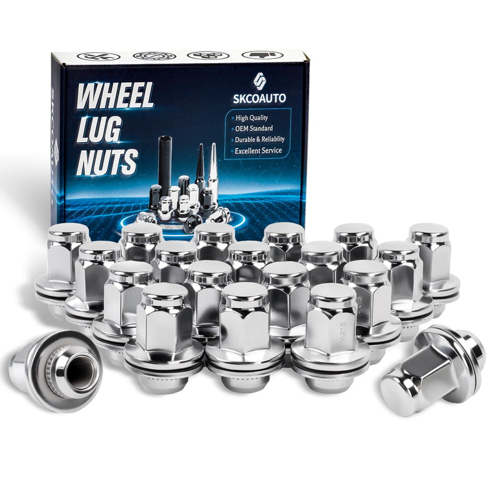SKCOAUTO front-packed 20 lug nuts showing chrome finish and complete set benefit
