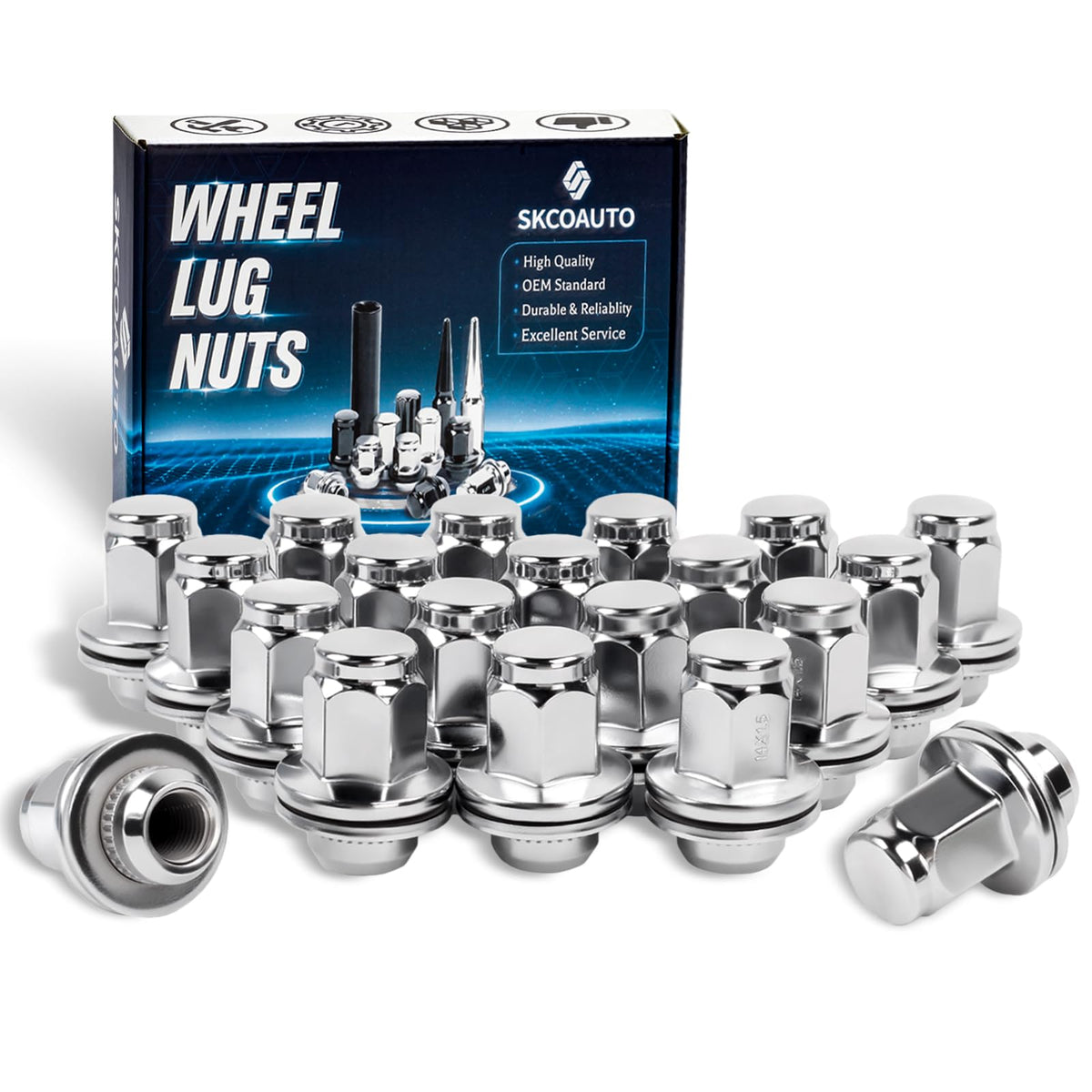 SKCOAUTO front-packed 20 lug nuts showing chrome finish and complete set benefit