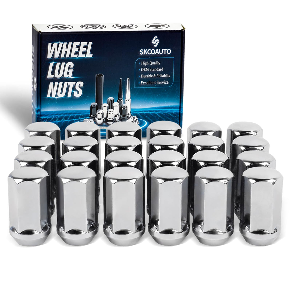SKCOAUTO front packaging of 24 lug nuts showing complete chrome set and convenience