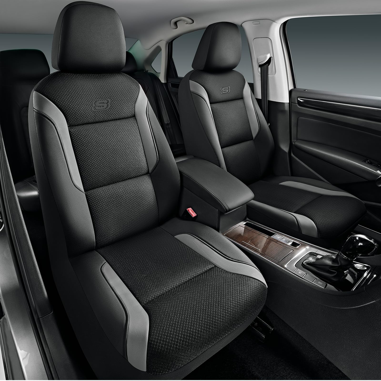 Skechers front seats full view showing gray covers and comfortable upgrade