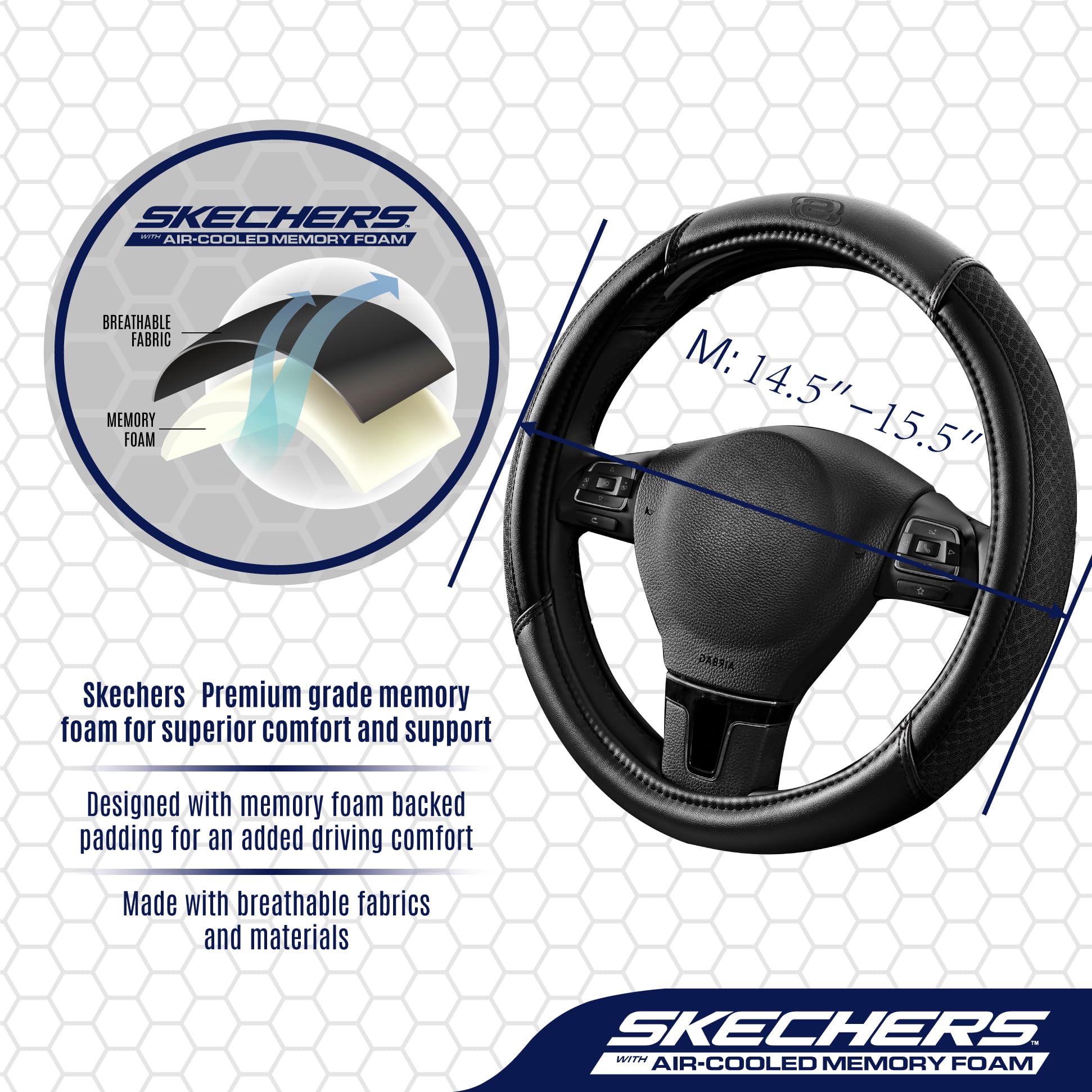 Skechers steering wheel cover installed on wheel improving grip and comfort