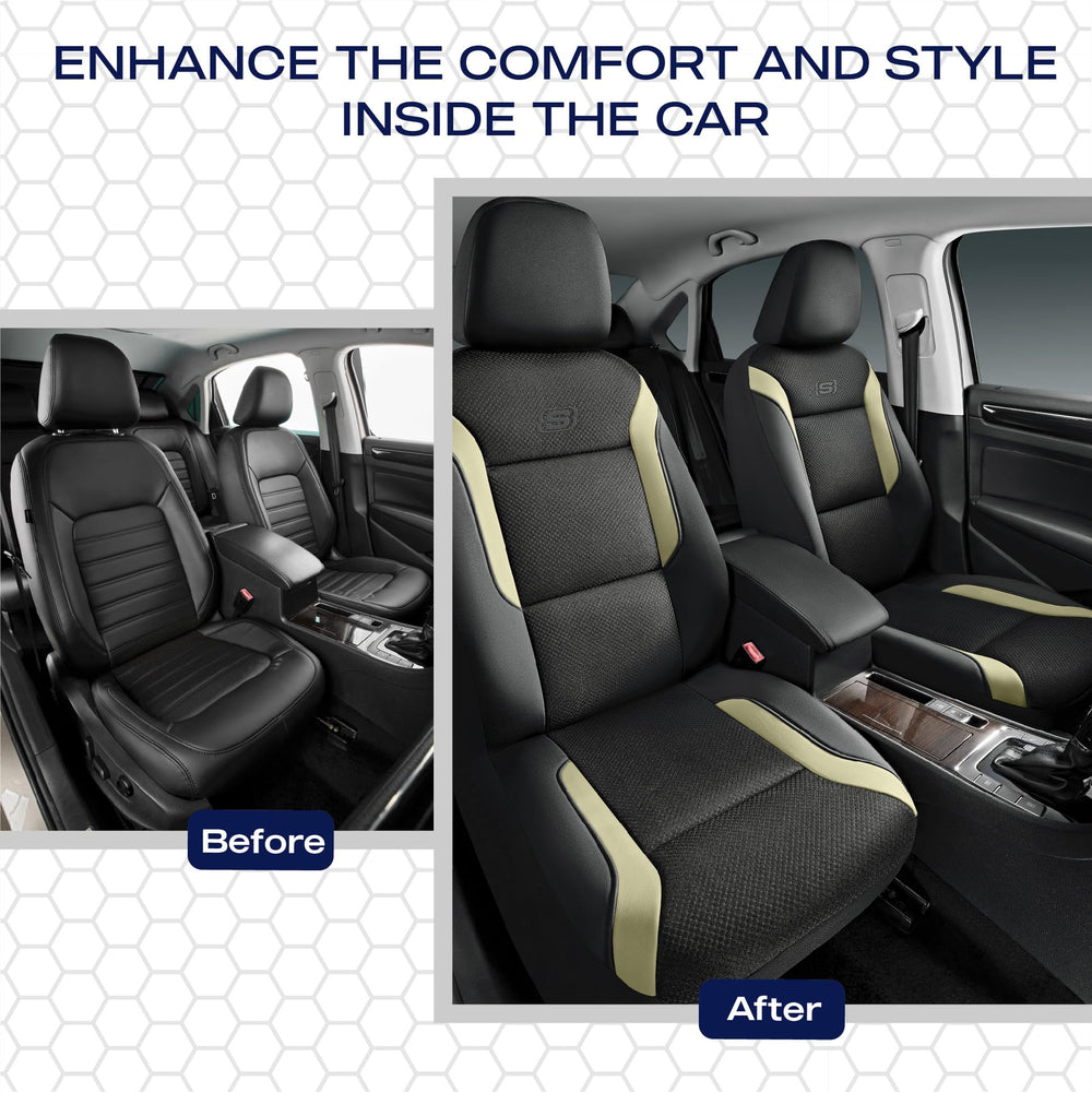 Skechers seat cover with ruler showing size and fit for most vehicles