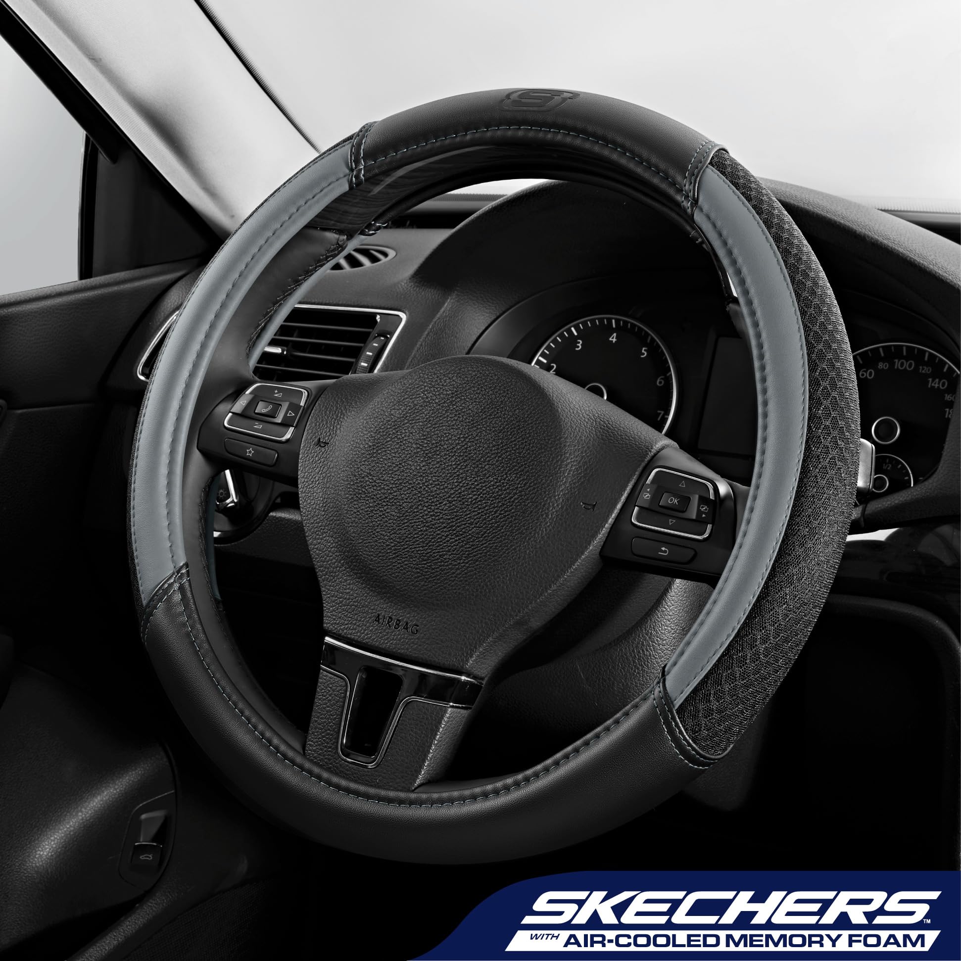 Skechers side profile highlighting leather texture and snug fit benefit