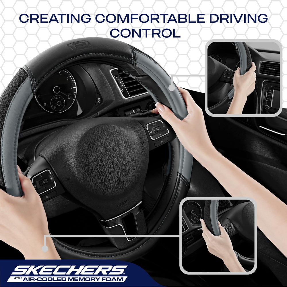 Skechers size comparison with a hand to show universal 14.5–15" fit