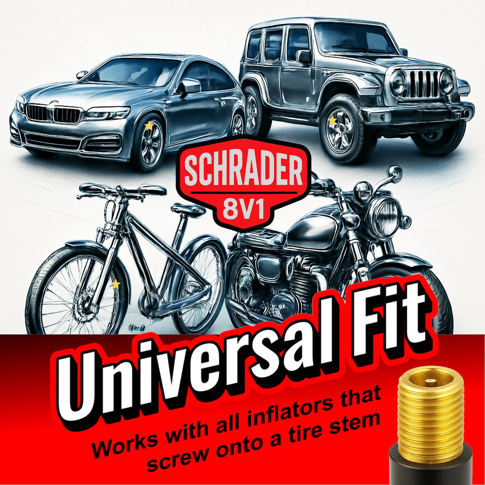 SKÖG chuck attached to car tire valve displaying fast inflation benefit