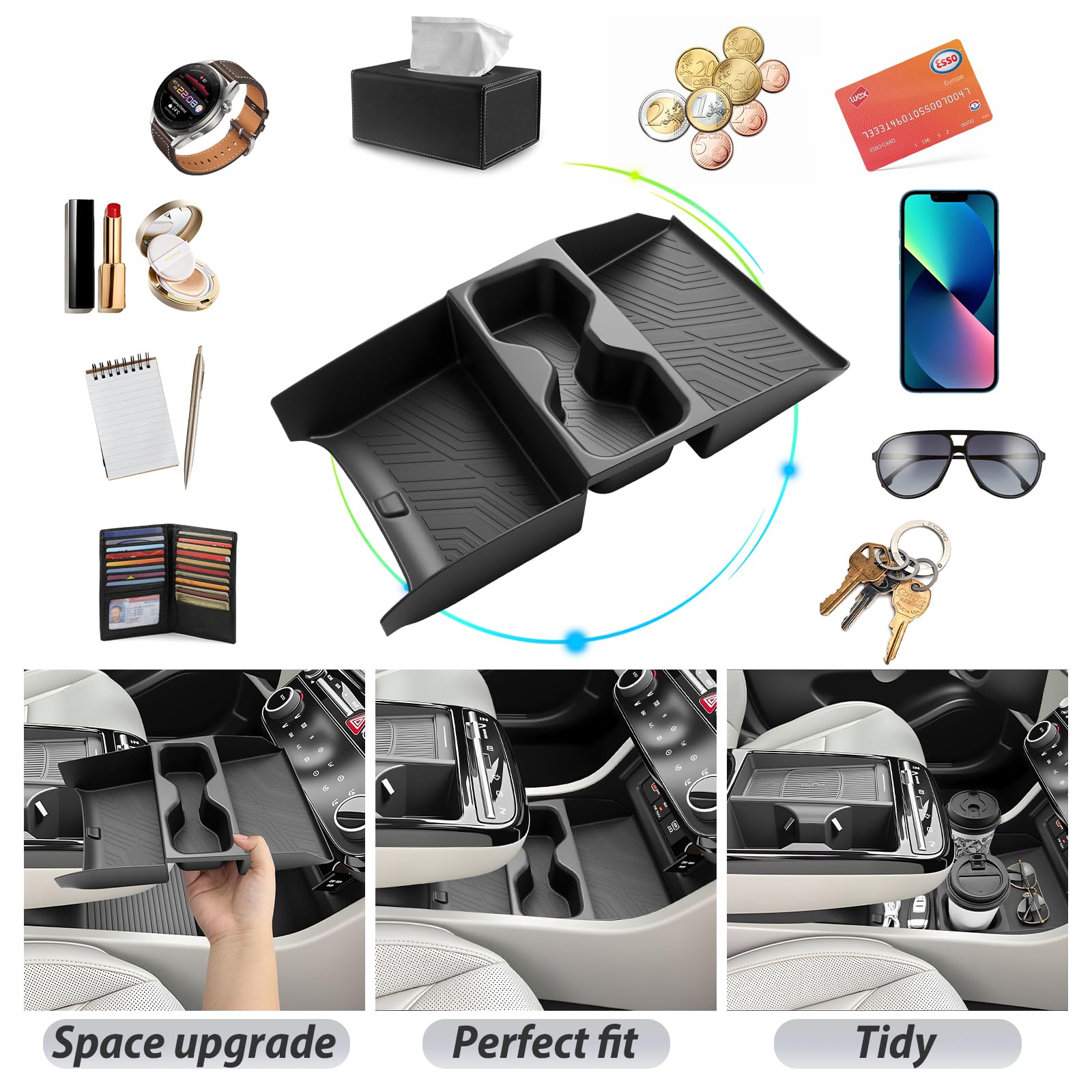 SKTU upper tray with phone and keys illustrating fast reach and tidy storage