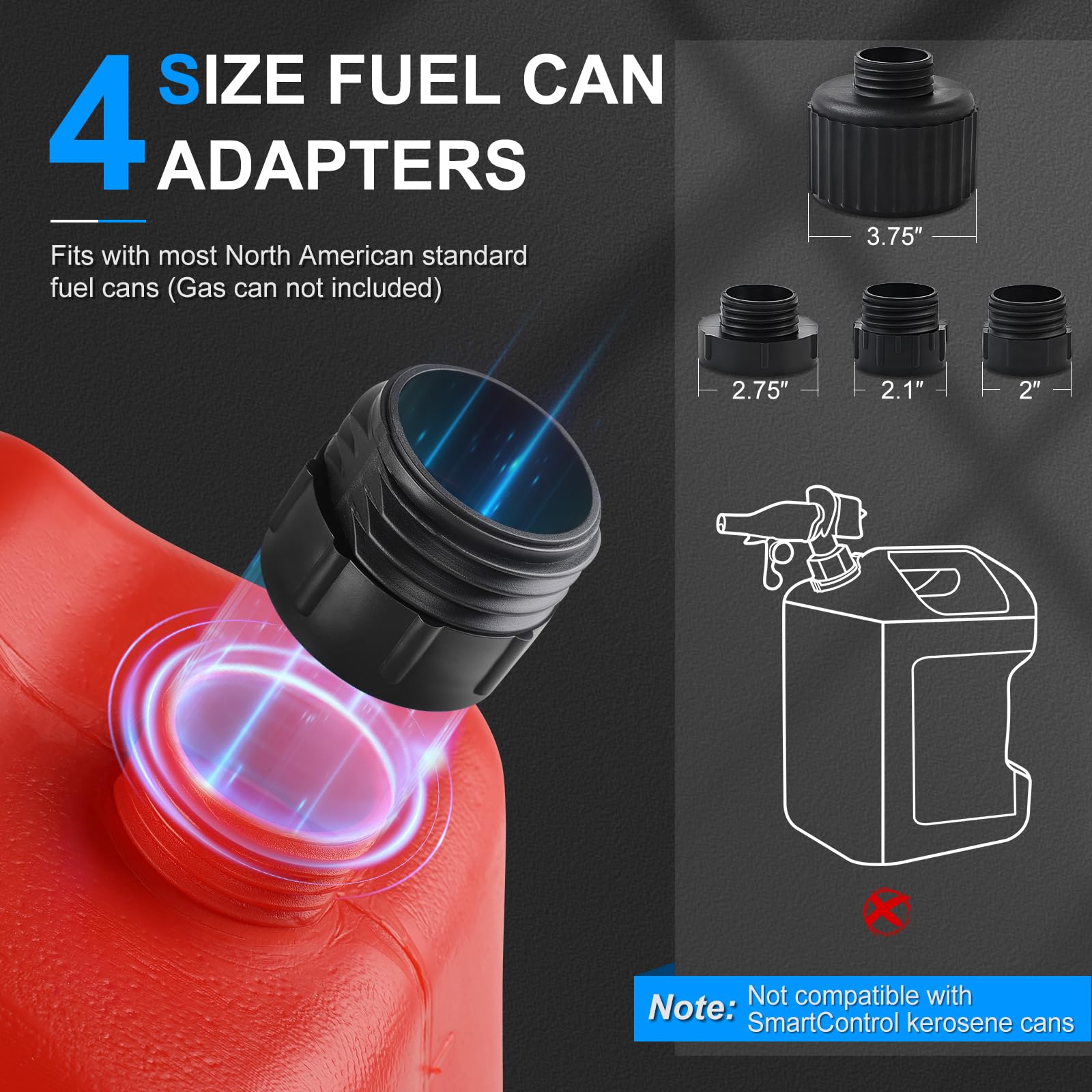 SKYJDM four threaded adapters lined up displaying compatibility with gas cans