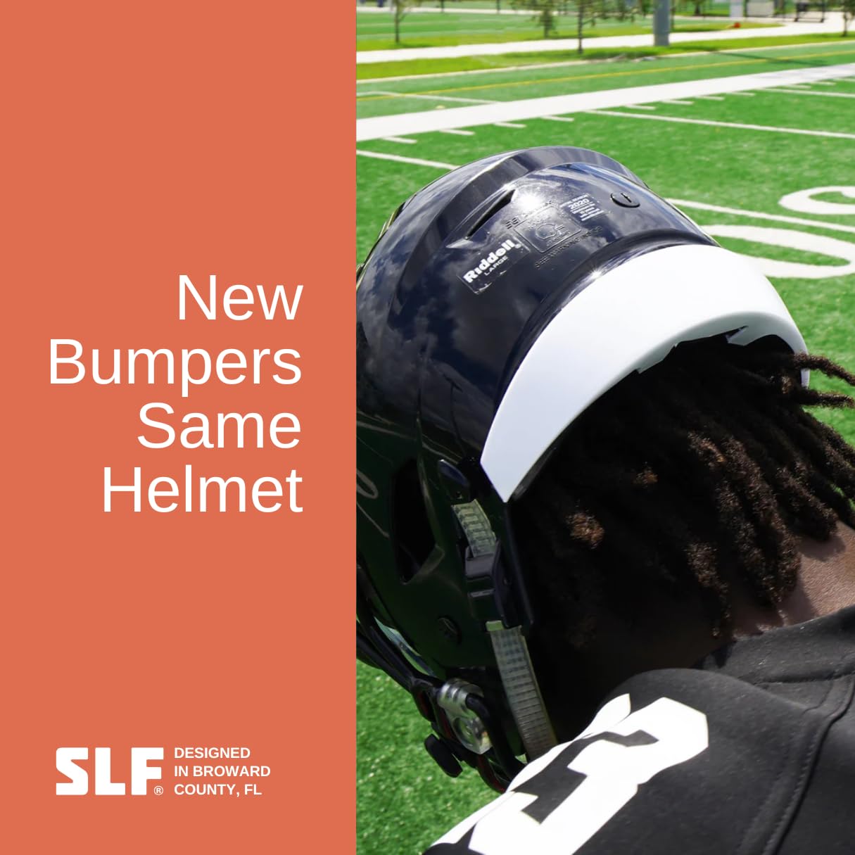 SLEEFS bumper cover beside ruler on Riddell Speedflex illustrating low-profile thickness and scale