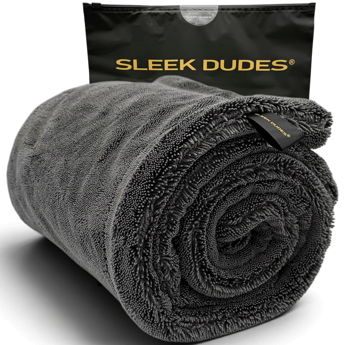Sleek Dudes front full towel grey showing plush surface for rapid water pickup
