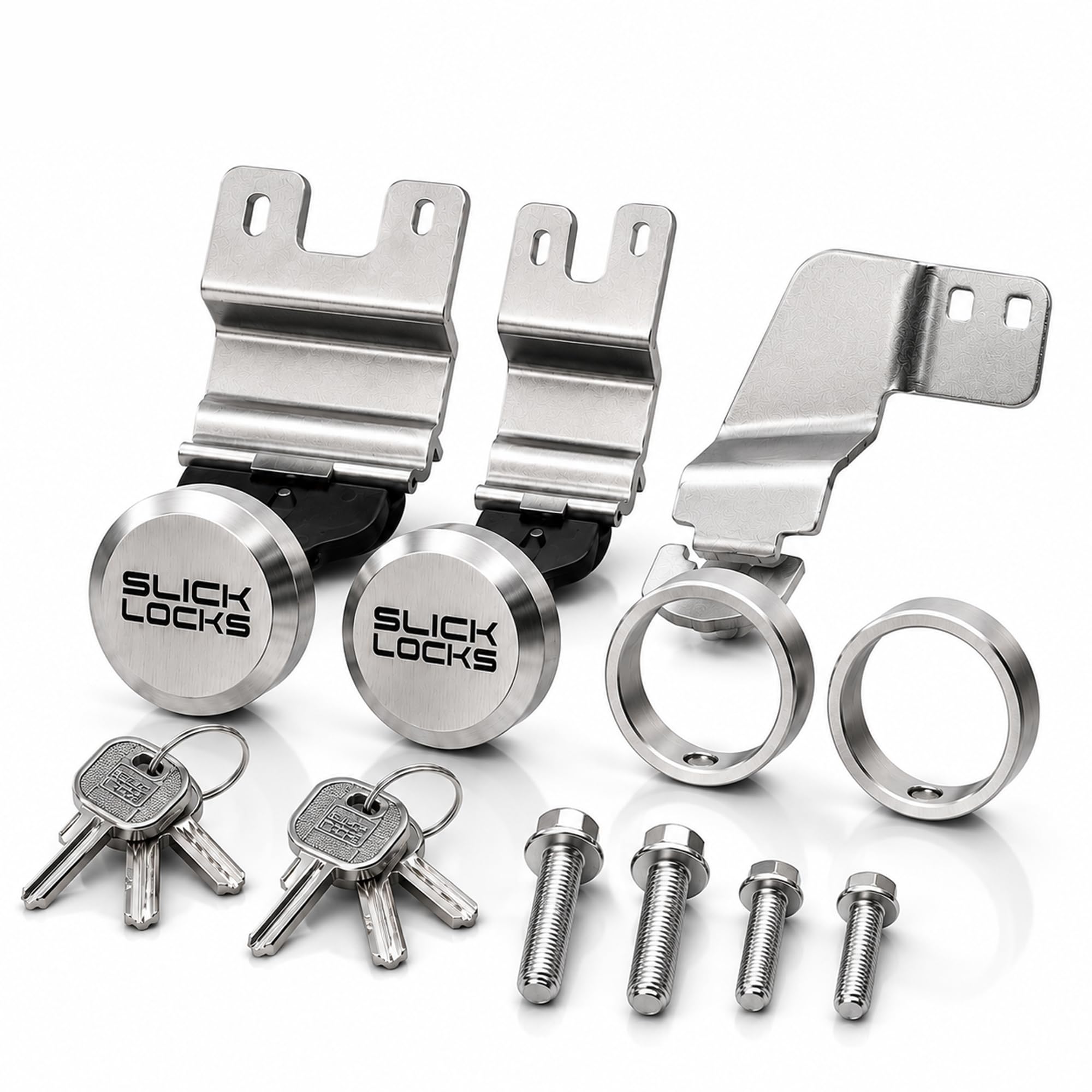 Slick Locks front packaging showing the Transit puck lock kit and included parts for quick identification and peace of mind