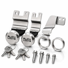 Slick Locks front packaging showing the Transit puck lock kit and included parts for quick identification and peace of mind