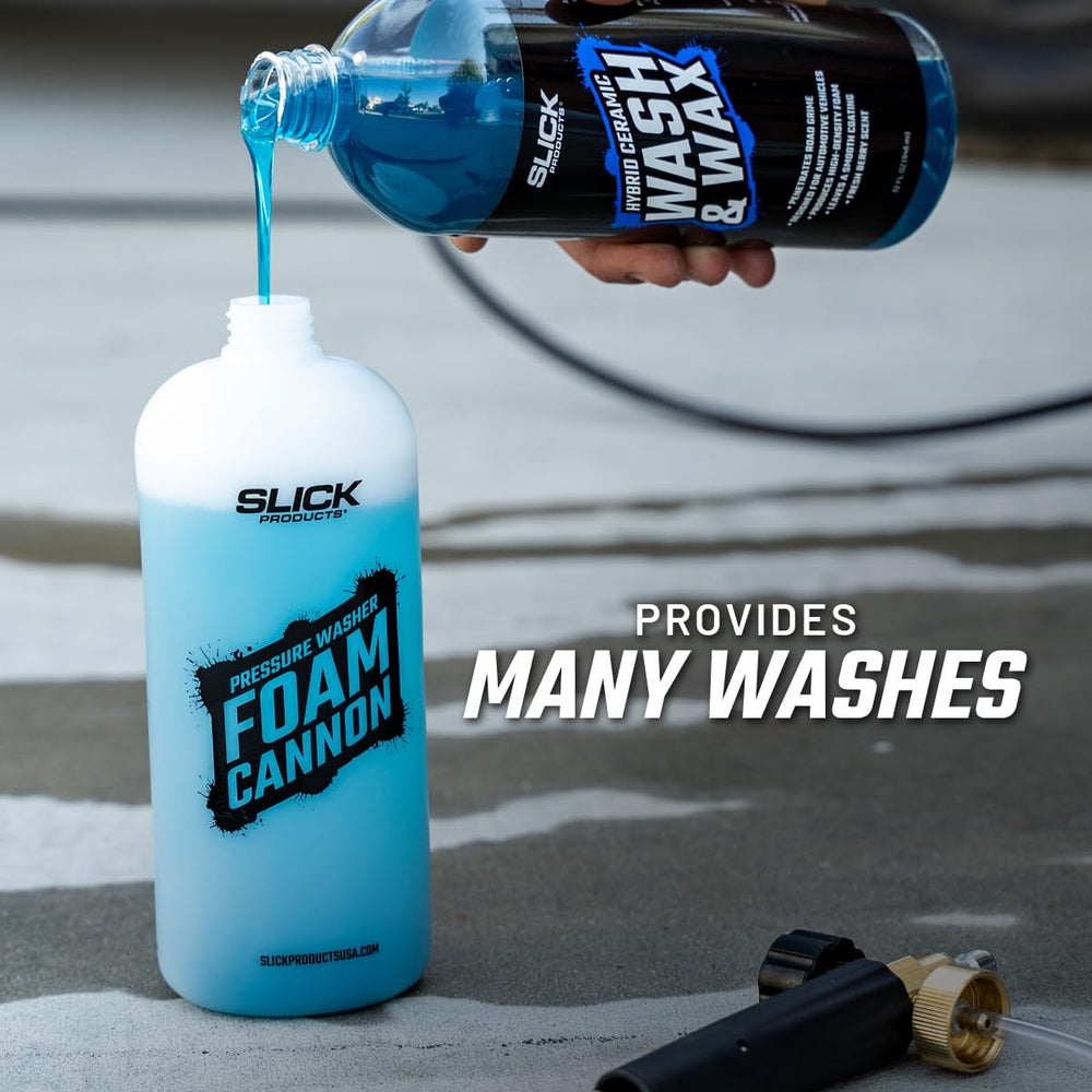 Slick Products bottle size beside hand to show 64 oz scale and value
