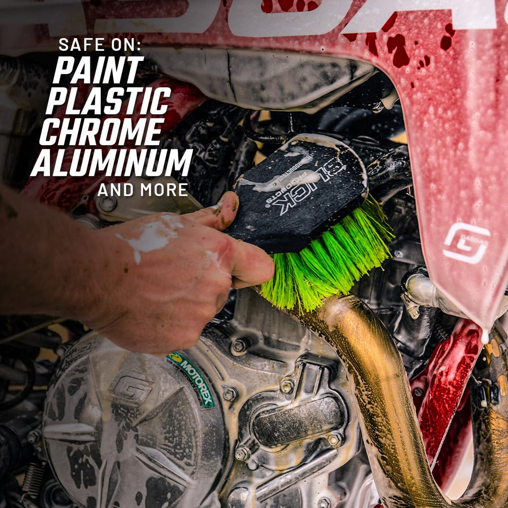 Slick Products rich lather on dirt bike side panel for gentle effective cleaning benefit